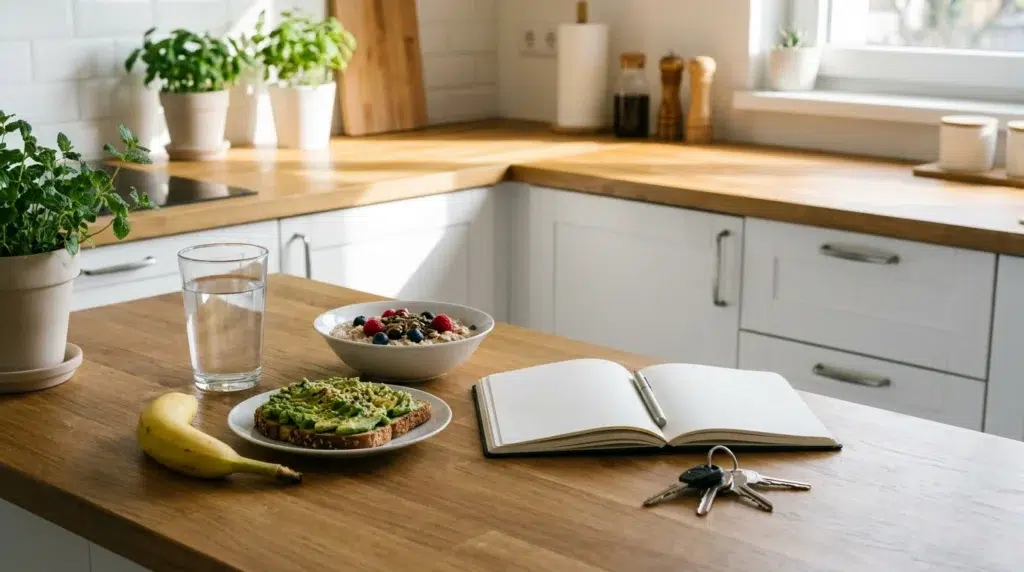 Deciding to Get Sober: How to Change Direction Today 3 Healthy morning routine with water, journal, and breakfast for sober living