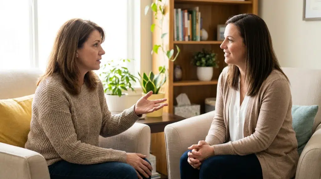 Deciding to Get Sober: How to Change Direction Today 2 Woman talking with a counselor about starting addiction recovery