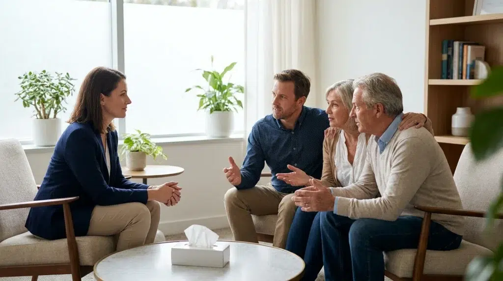 6 Common Family Roles in Addiction and How They Affect Recovery 3 Family members discussing healthier communication during a therapy session.