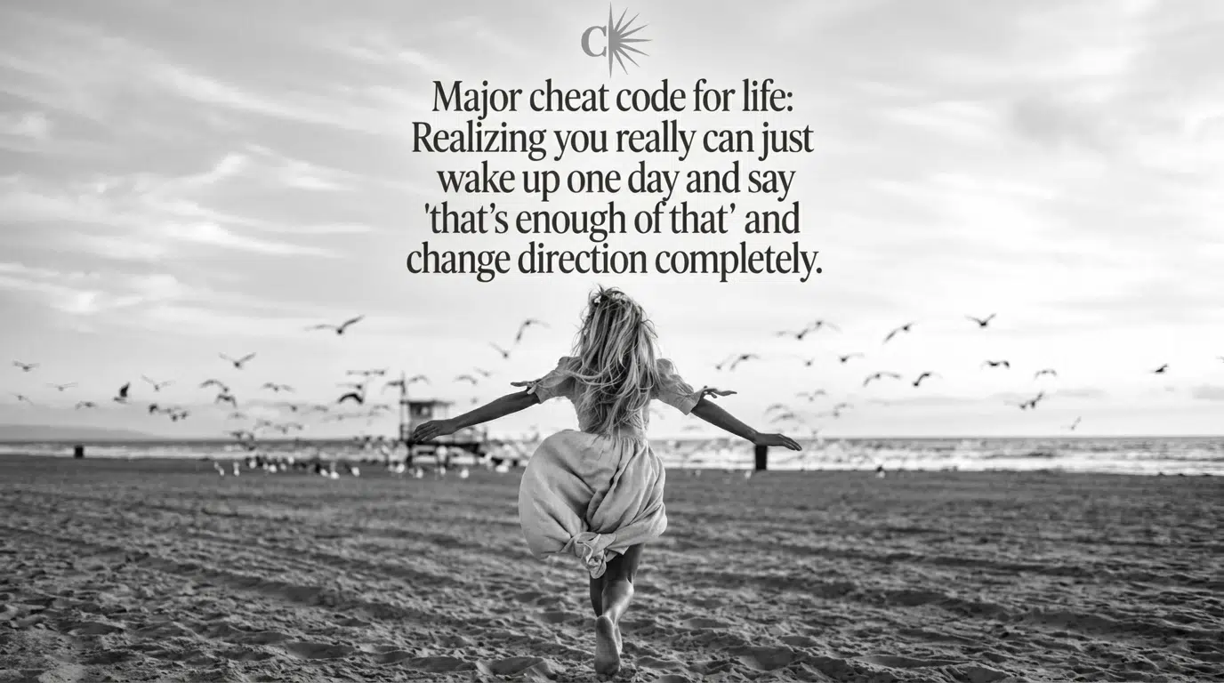 Black-and-white image of a woman running on a beach with a quote about saying enough and changing direction completely