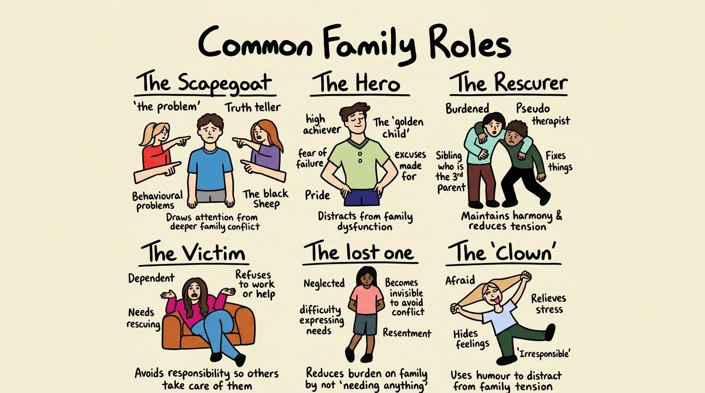 Illustration showing six common family roles in addiction, including the scapegoat, hero, rescuer, victim, lost one, and clown.