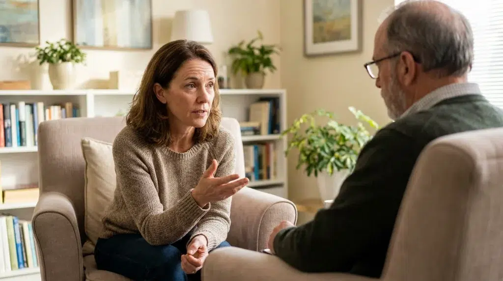Inner Child Healing in Recovery: How Sobriety Can Help You Heal 1 Woman discussing childhood emotions with a counselor during addiction recovery