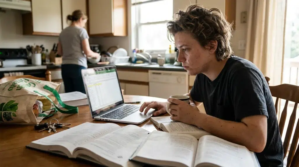 6 Common Family Roles in Addiction and How They Affect Recovery 1 Young adult managing family responsibilities while working at a kitchen table.