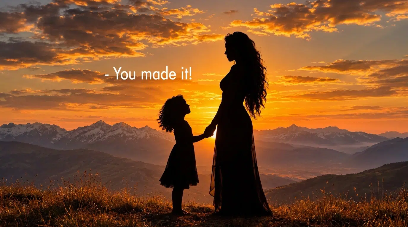 Silhouette of a woman holding a child’s hands at sunset with the words “You made it”